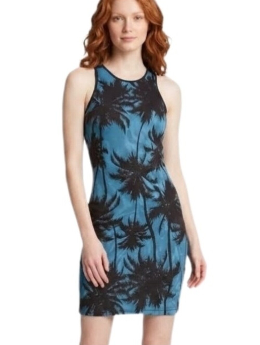 Bongo Dress Mesh Overlay Palm Tree Racerback Bodycon Turquoise Size S